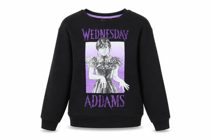 Front view of Wednesday Addams girls’ black pullover sweatshirt 10-11 years graphic print