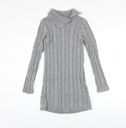 Miss Mona Mouse Girls Grey Knit Sweater Dress 7-8 Years Long Sleeve Button Collar