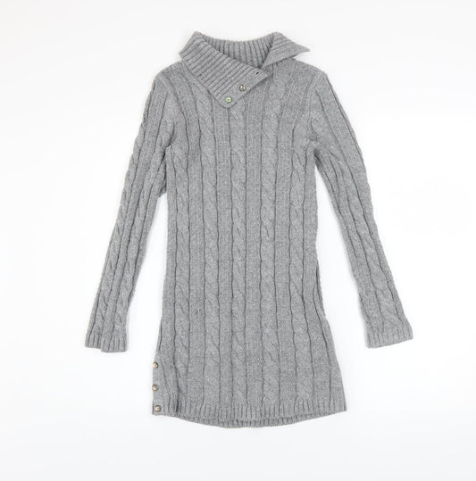 Miss Mona Mouse Girls Grey Knit Sweater Dress 7-8 Years Long Sleeve Button Collar