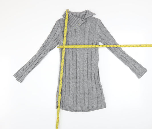 Miss Mona Mouse Girls Grey Knit Sweater Dress 7-8 Years Long Sleeve Button Collar