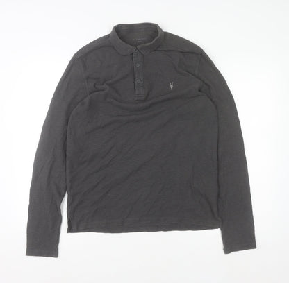 AllSaints Men's Black Long Sleeve Cotton Polo Shirt Size M Slim Fit