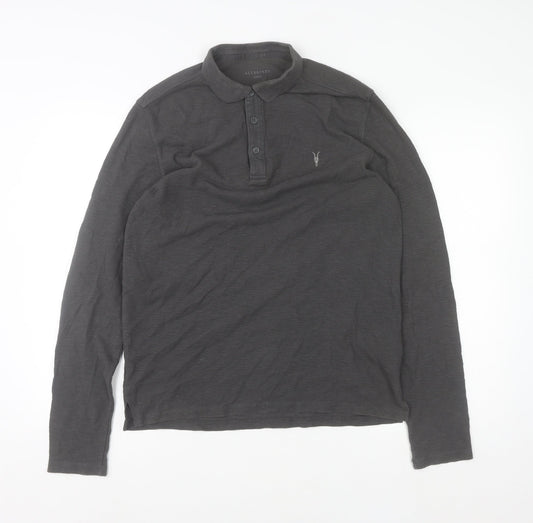 AllSaints Men's Black Long Sleeve Cotton Polo Shirt Size M Slim Fit