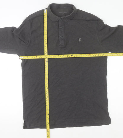 AllSaints Men's Black Long Sleeve Cotton Polo Shirt Size M Slim Fit