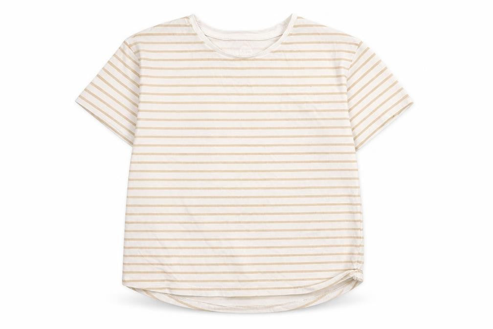 Front view of Dunnes girls’ beige striped cotton t-shirt 8-9 years