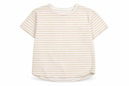 Front view of Dunnes girls’ beige striped cotton t-shirt 8-9 years