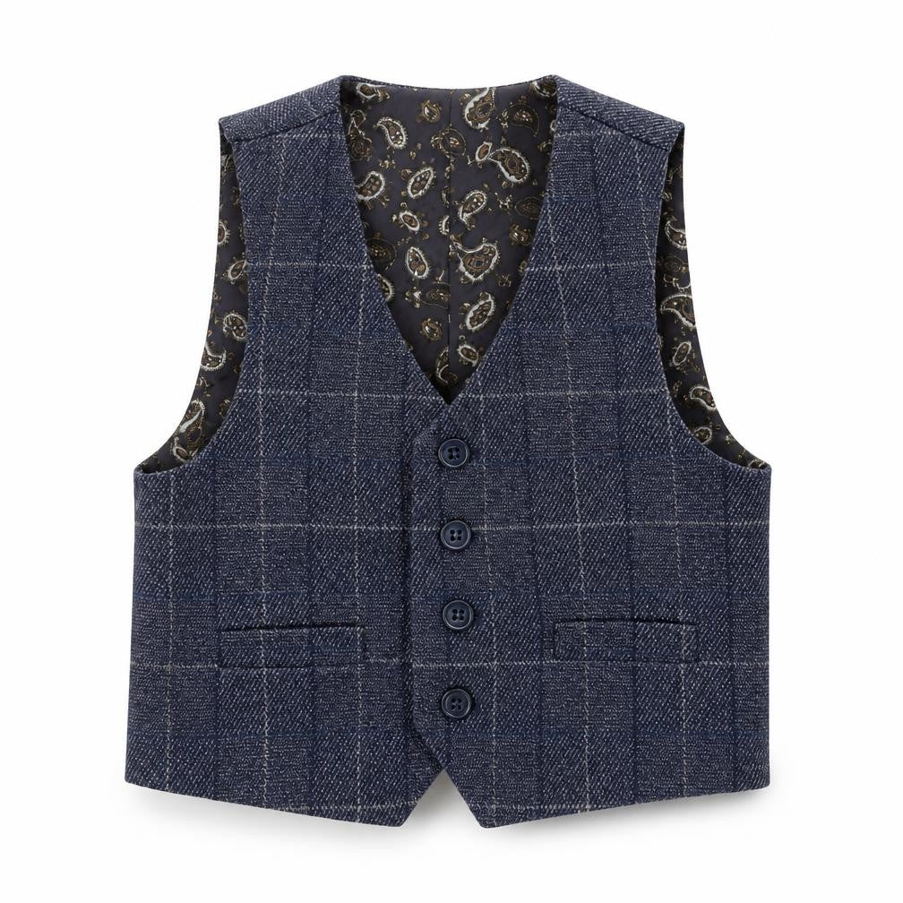 Front view of Paisley of London boys’ navy check waistcoat 2 years formal wedding suit