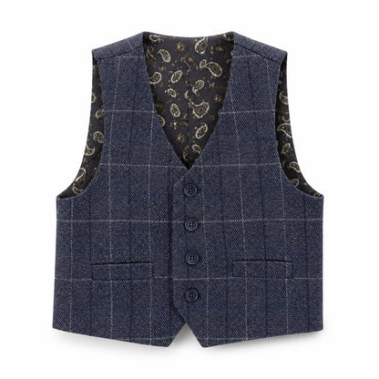 Front view of Paisley of London boys’ navy check waistcoat 2 years formal wedding suit