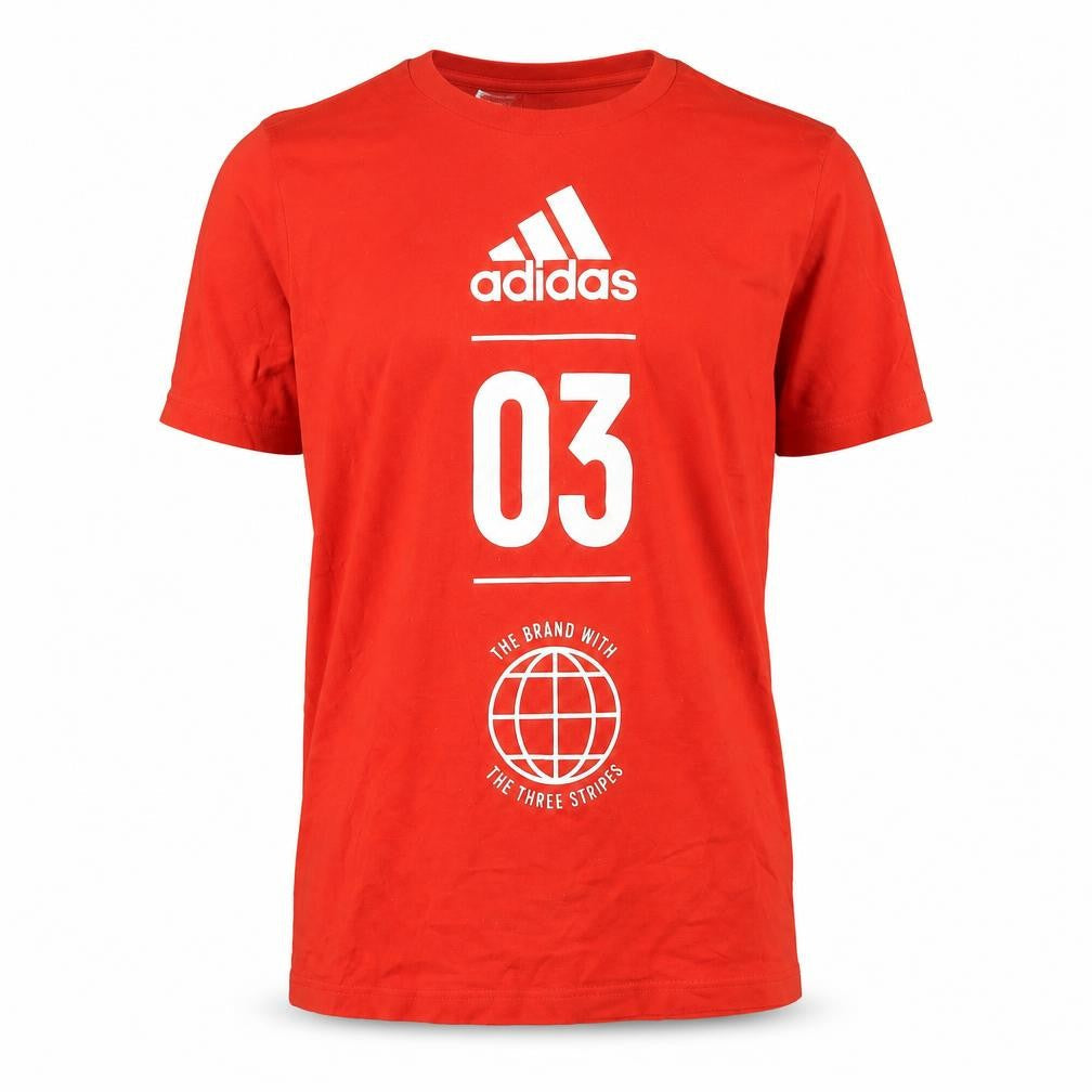 Front view of Adidas men’s red xl graphic jersey t-shirt activewear top