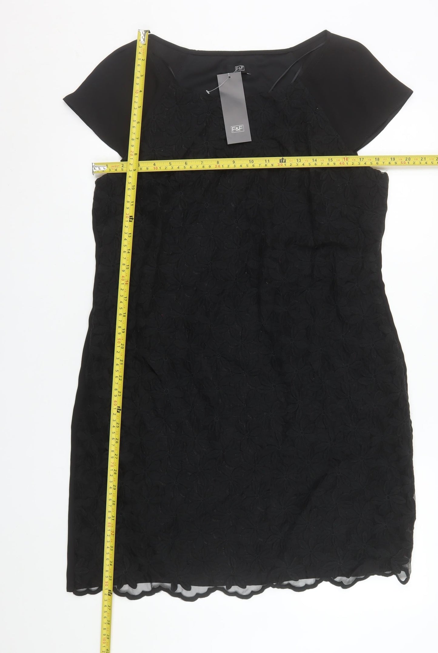 F&F Women’s Black Lace Shift Dress Size 16 Short Sleeve Knee Length