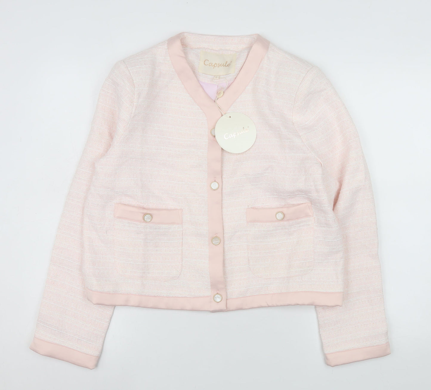 Capsule Women Pink Tweed Cropped Jacket L Buttoned Classic Style