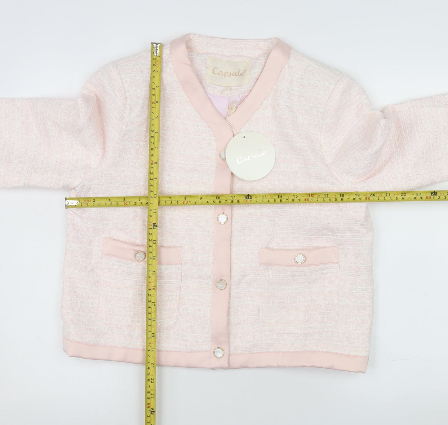 Capsule Women Pink Tweed Cropped Jacket L Buttoned Classic Style