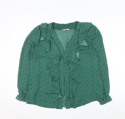 Gallery Women’s Green Polka Dot Ruffle V-Neck Blouse Size 14