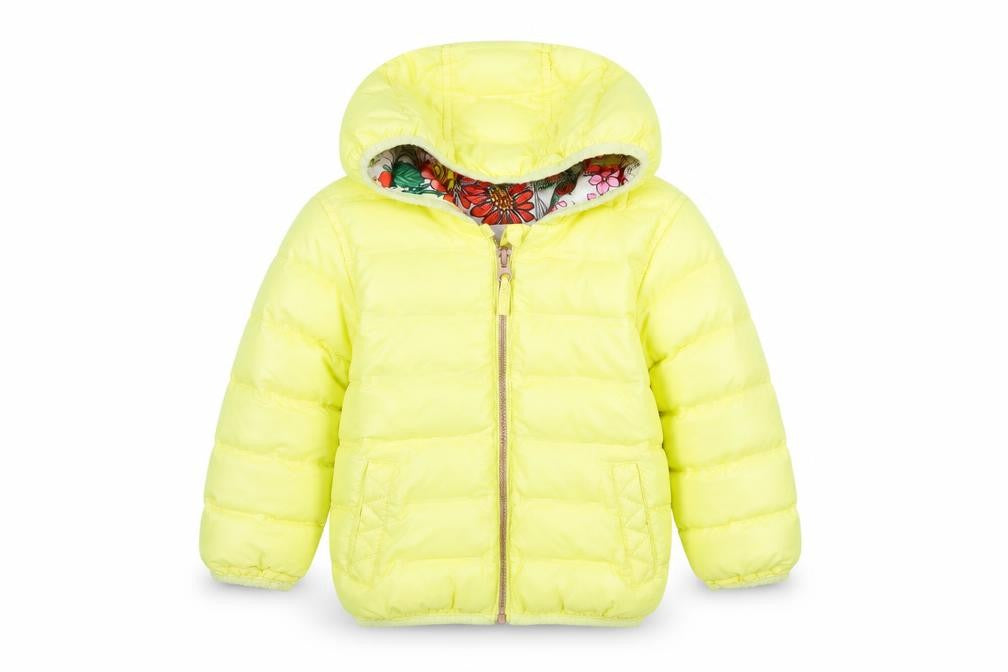 Front view of Next unisex baby yellow puffer jacket 12-18 months hooded winter coat