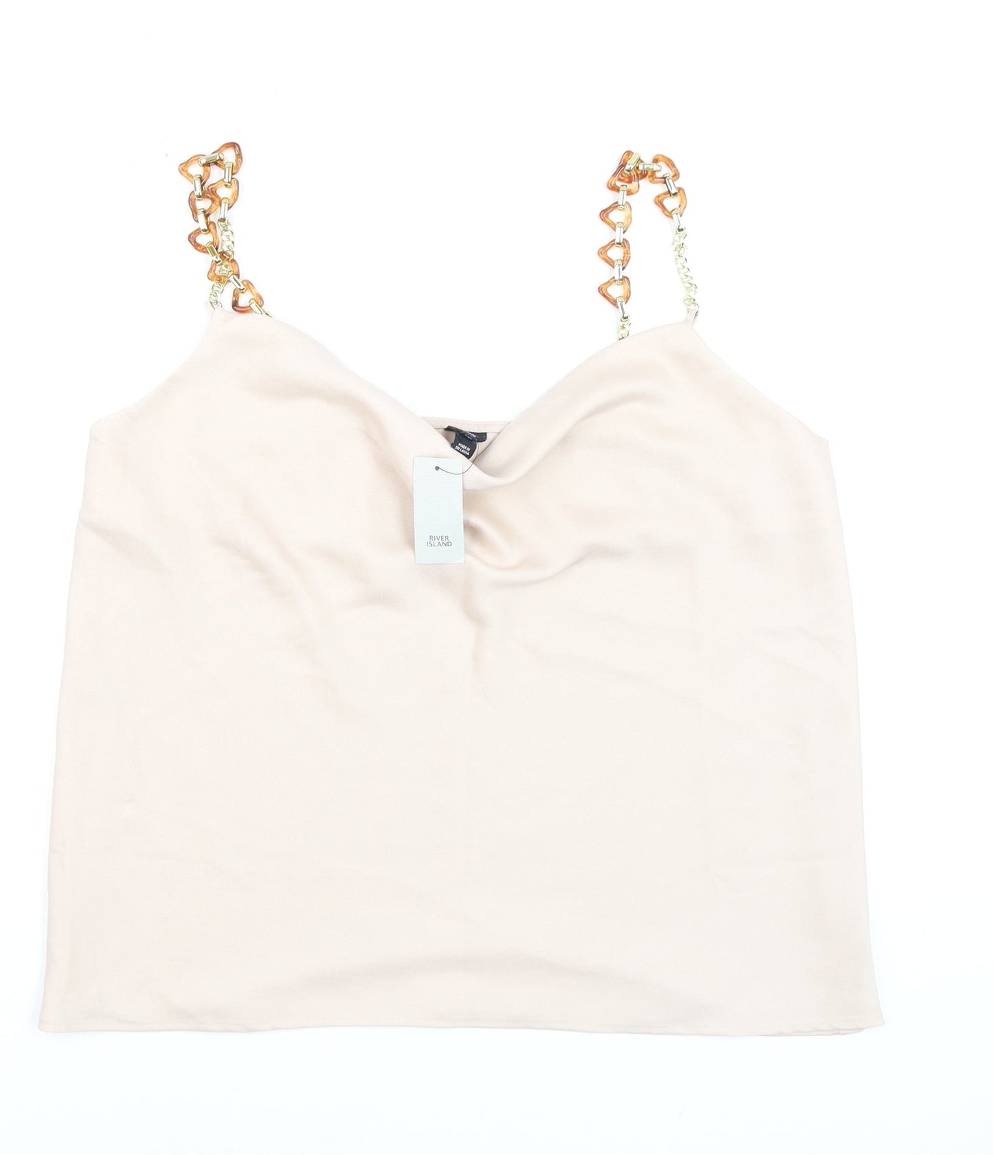 River Island Women Beige Chain Strap Satin Cowl Neck Camisole Top Size 14