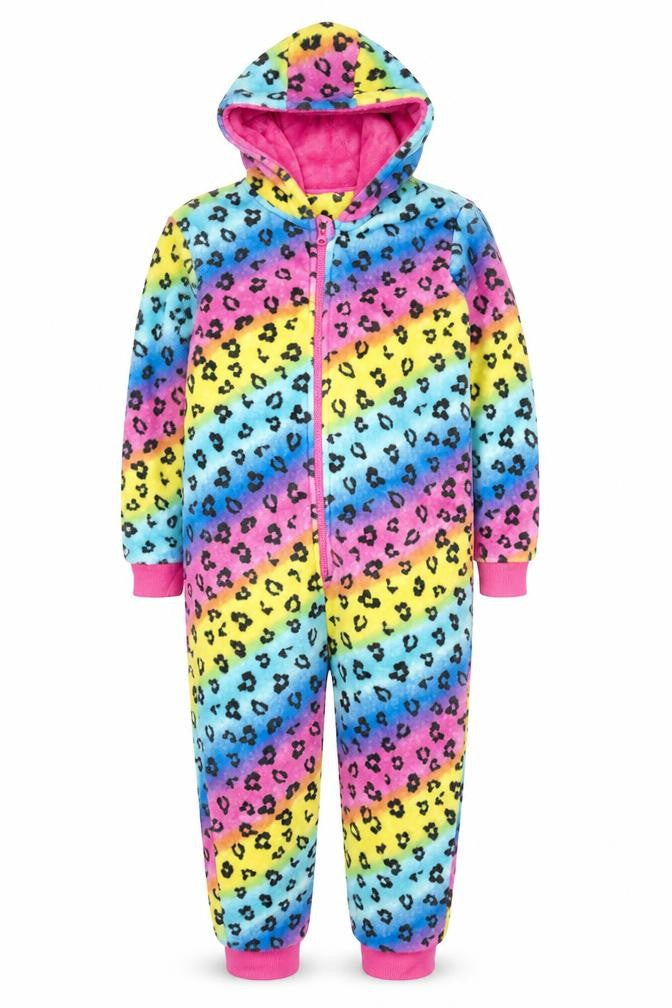 Front view of Dunnes boys’ multicoloured fleece hooded one piece pyjamas, size 10, years