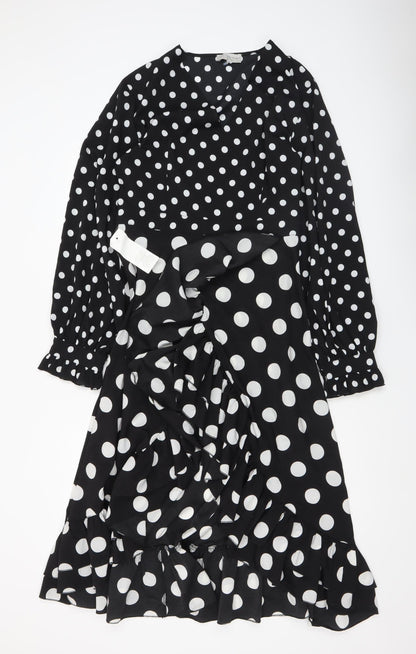 Never Fully Dressed Womens Black Polka Dot Wrap Midi Dress L