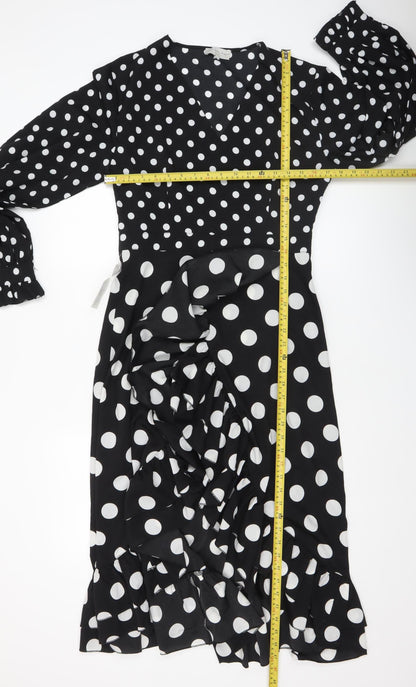 Never Fully Dressed Womens Black Polka Dot Wrap Midi Dress L