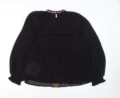 Dunnes Stores Women's Black Embroidered Bohemian Chiffon Blouse Size 12