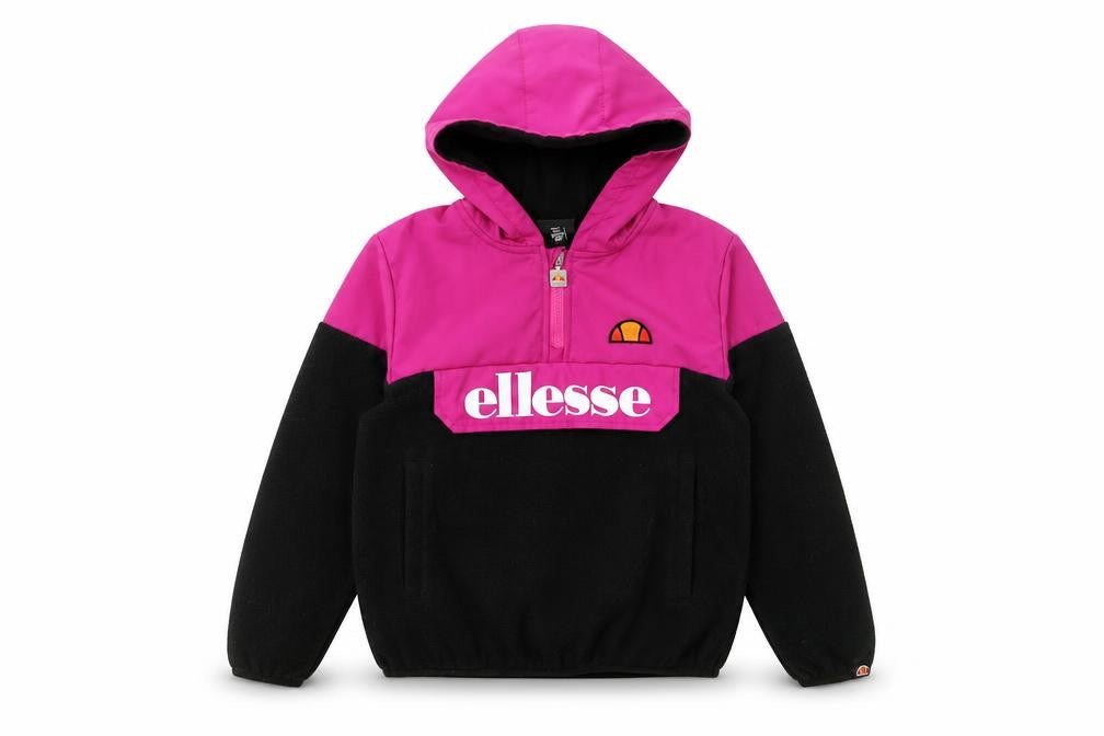 Front view of Ellesse girls’ pink black colourblock fleece hoodie 8 years 1/4 zip logo pullover