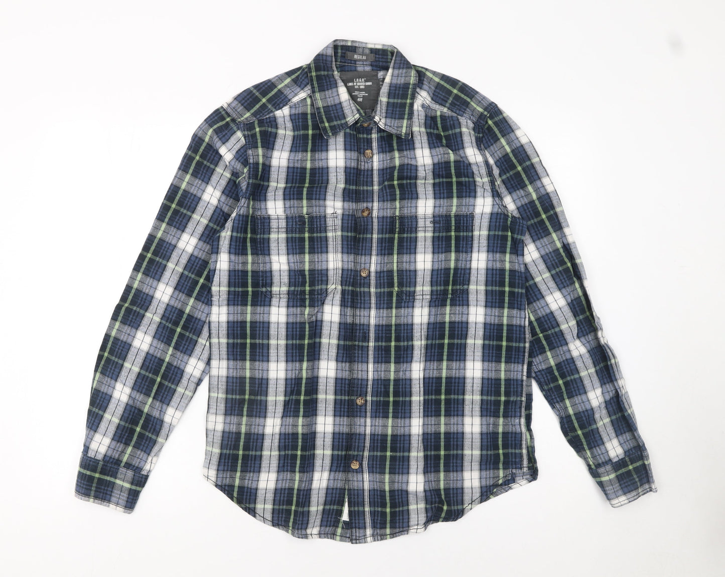 H&M L.O.G.G. Men's Blue Plaid Cotton Long Sleeve Button-Up Shirt Size S