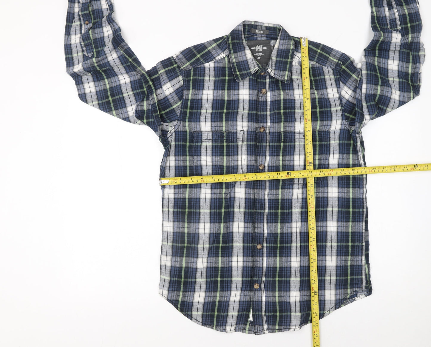 H&M L.O.G.G. Men's Blue Plaid Cotton Long Sleeve Button-Up Shirt Size S