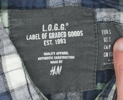 H&M L.O.G.G. Men's Blue Plaid Cotton Long Sleeve Button-Up Shirt Size S