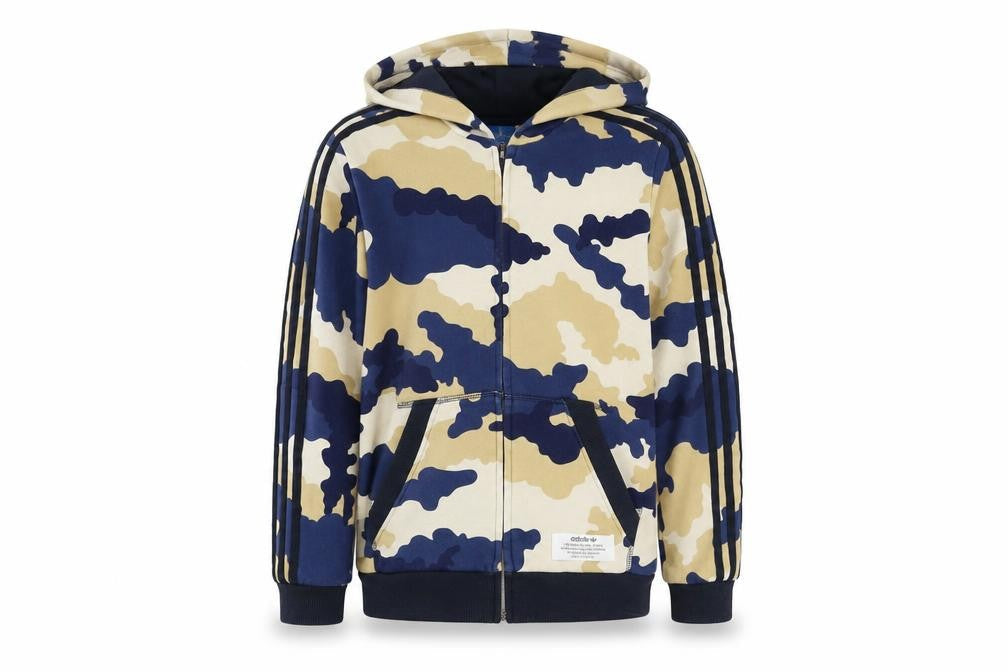 Front view of adidas boys’ multicoloured camouflage full zip hoodie 11-12 years