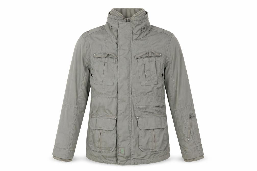 Front view of Next boys’ green cotton military jacket 12 years zip pockets mid-length