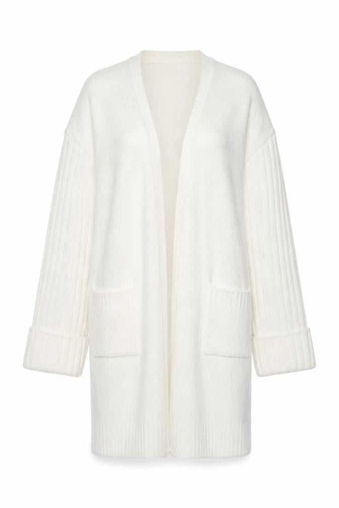 Front view of Dunnes Women Cream Open Cardigan Small Polyester Blend Longline