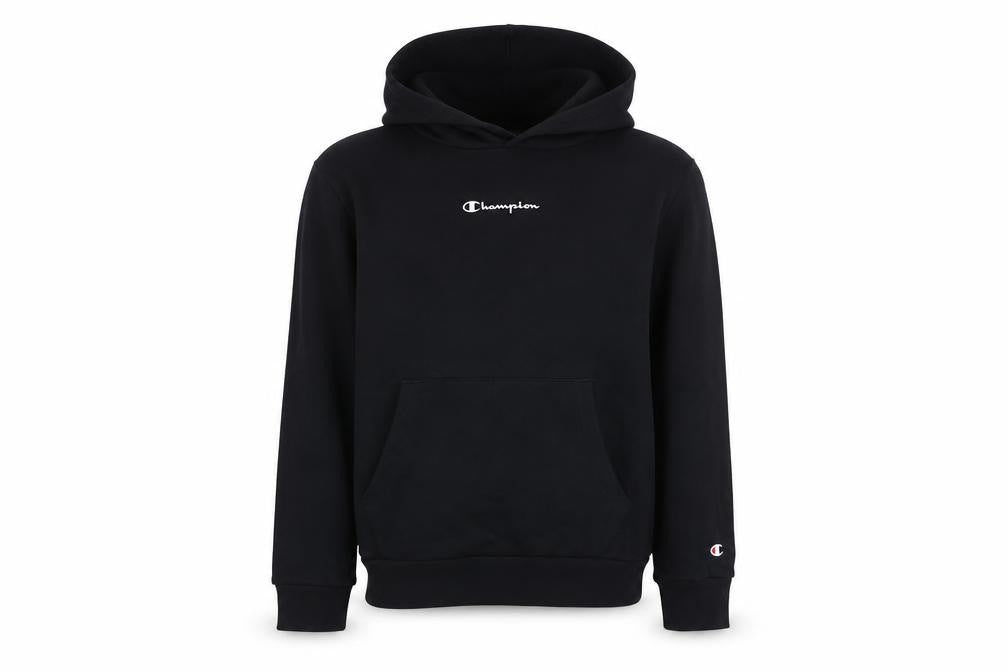 Front view of Champion boys’ black pullover hoodie 11-12 years regular fit fleece sweatshirt