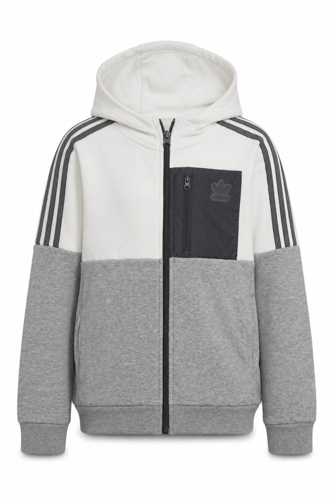 Front view of Adidas boys’ grey colourblock hooded track jacket 11-12 years full zip