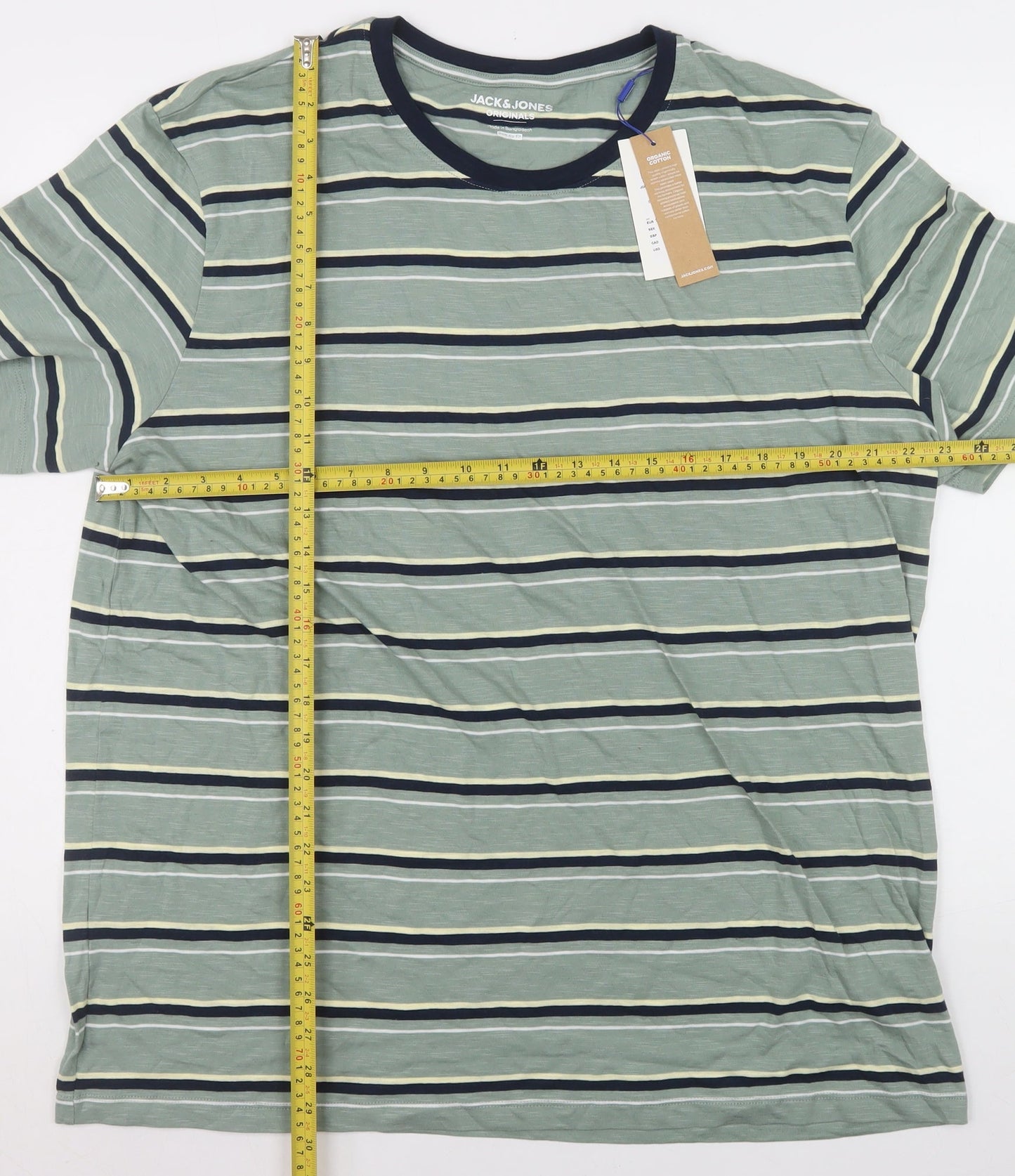 Jack & Jones Mens Green Striped 2XL Organic Cotton Crew Neck T-Shirt