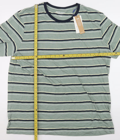 Jack & Jones Mens Green Striped 2XL Organic Cotton Crew Neck T-Shirt