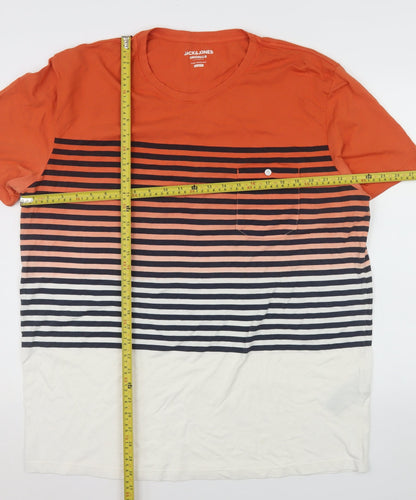 Jack & Jones Mens Orange Striped Crew Neck Cotton T-Shirt 2XL