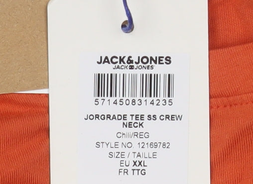 Jack & Jones Mens Orange Striped Crew Neck Cotton T-Shirt 2XL