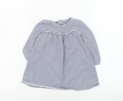 The Little White Company Girls Blue Striped Long Sleeve Dress 6-9 Months