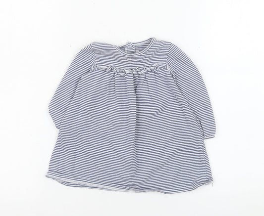 The Little White Company Girls Blue Striped Long Sleeve Dress 6-9 Months