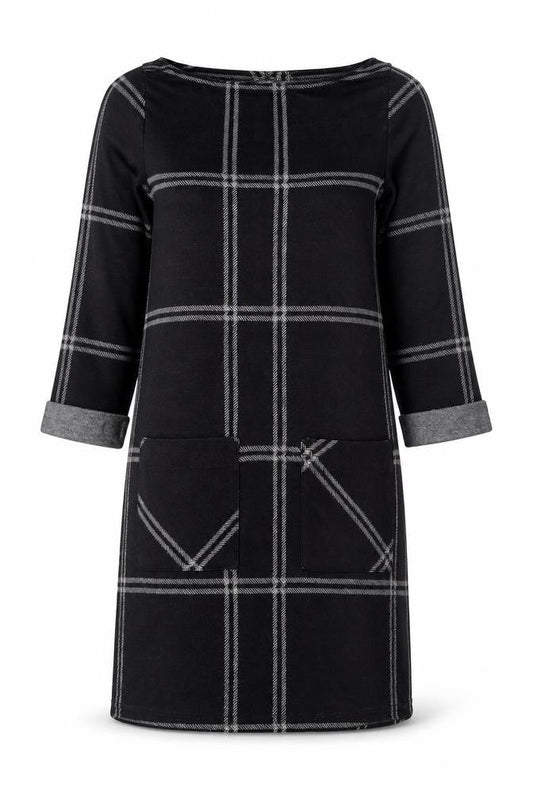 Front view of Atmosphere women’s black check shift dress, size UK 4, knit 3/4 sleeve