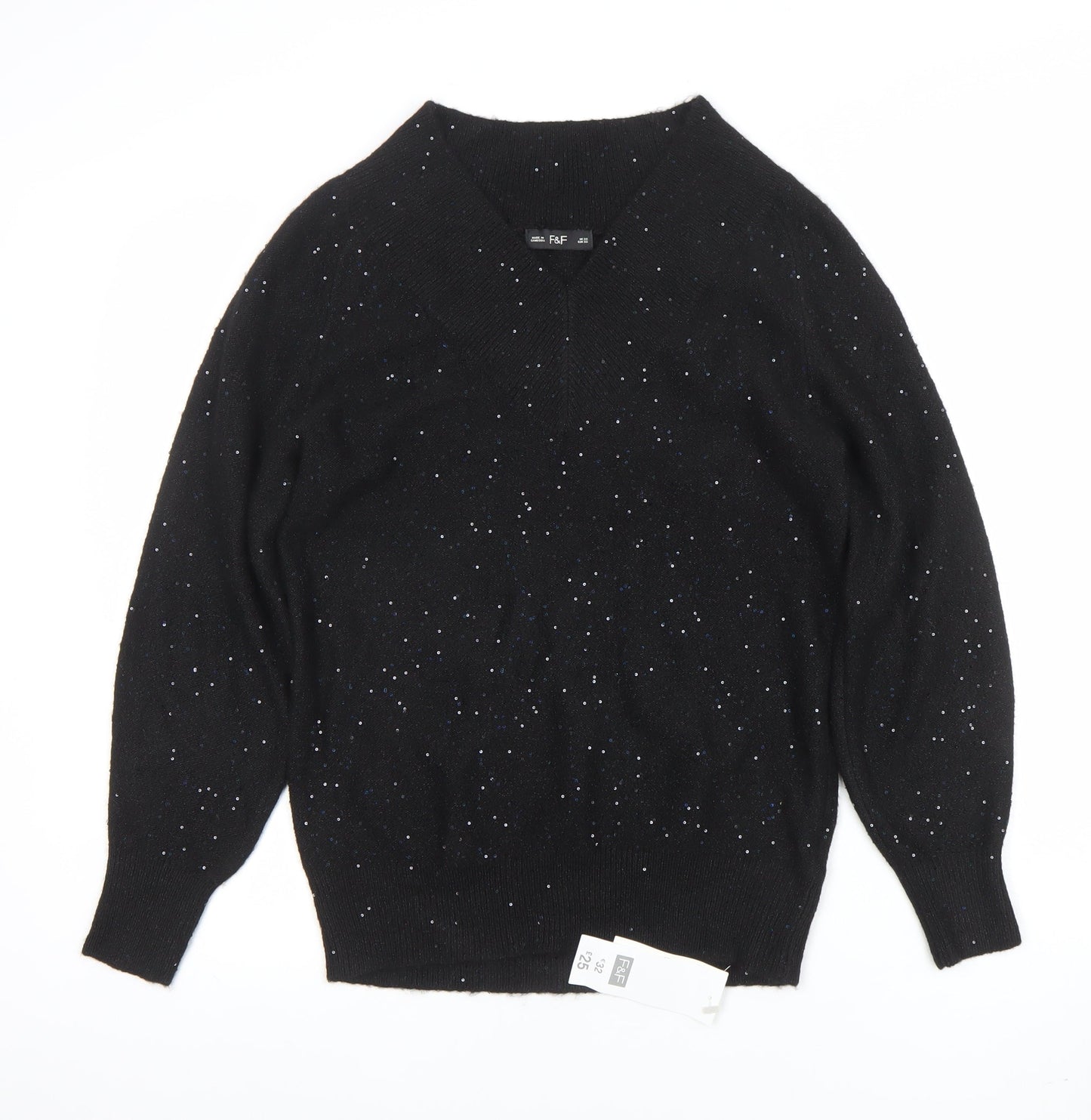 F&F Women's Black Sequin V-Neck Pullover Jumper XS