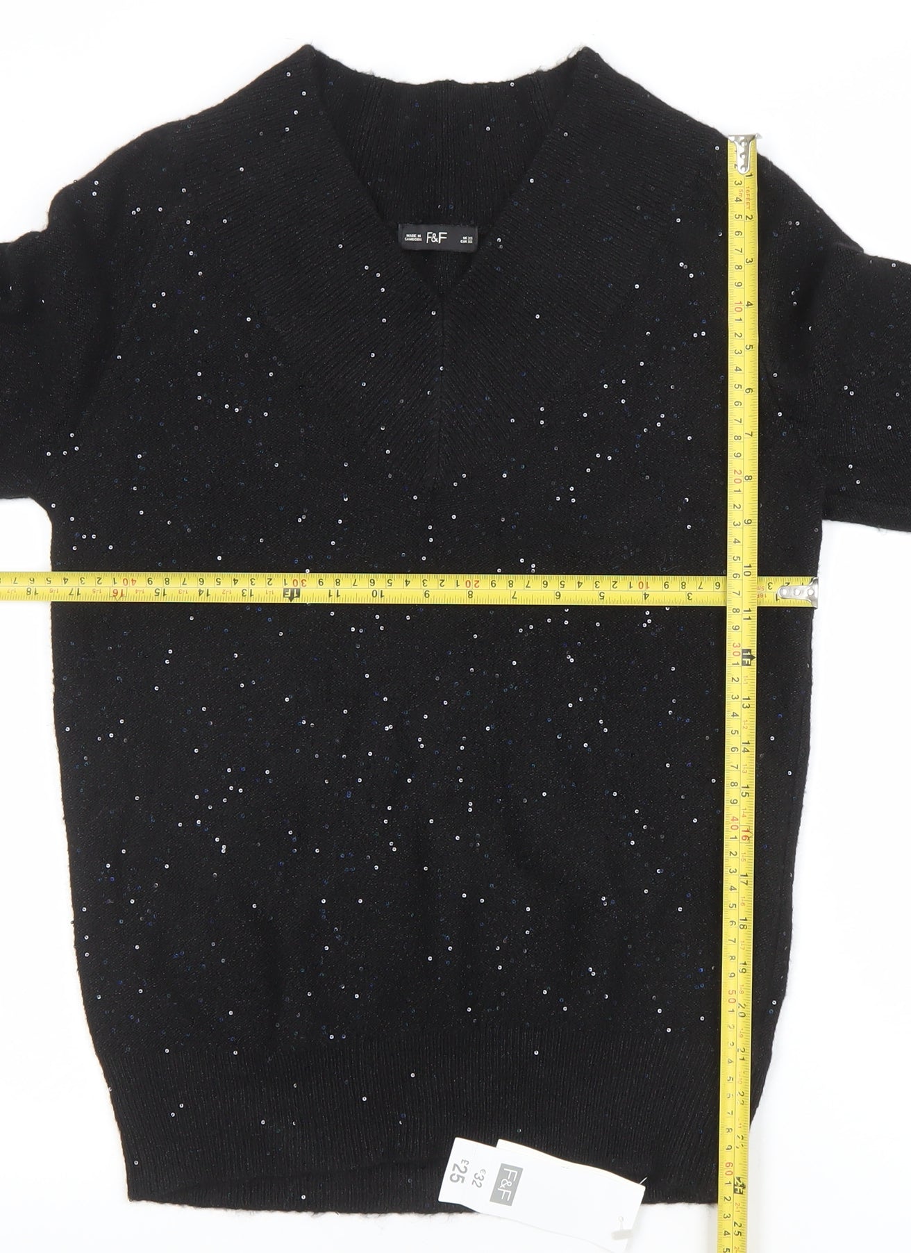 F&F Women's Black Sequin V-Neck Pullover Jumper XS