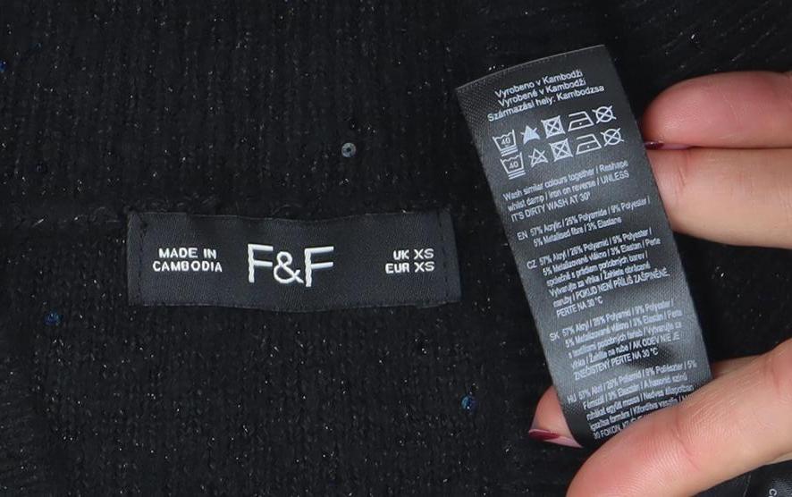 F&F Women's Black Sequin V-Neck Pullover Jumper XS