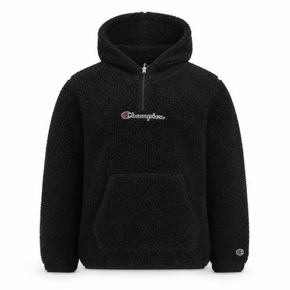 Front view of Champion girls’ black fleece 1/4 zip pullover hoodie, size L