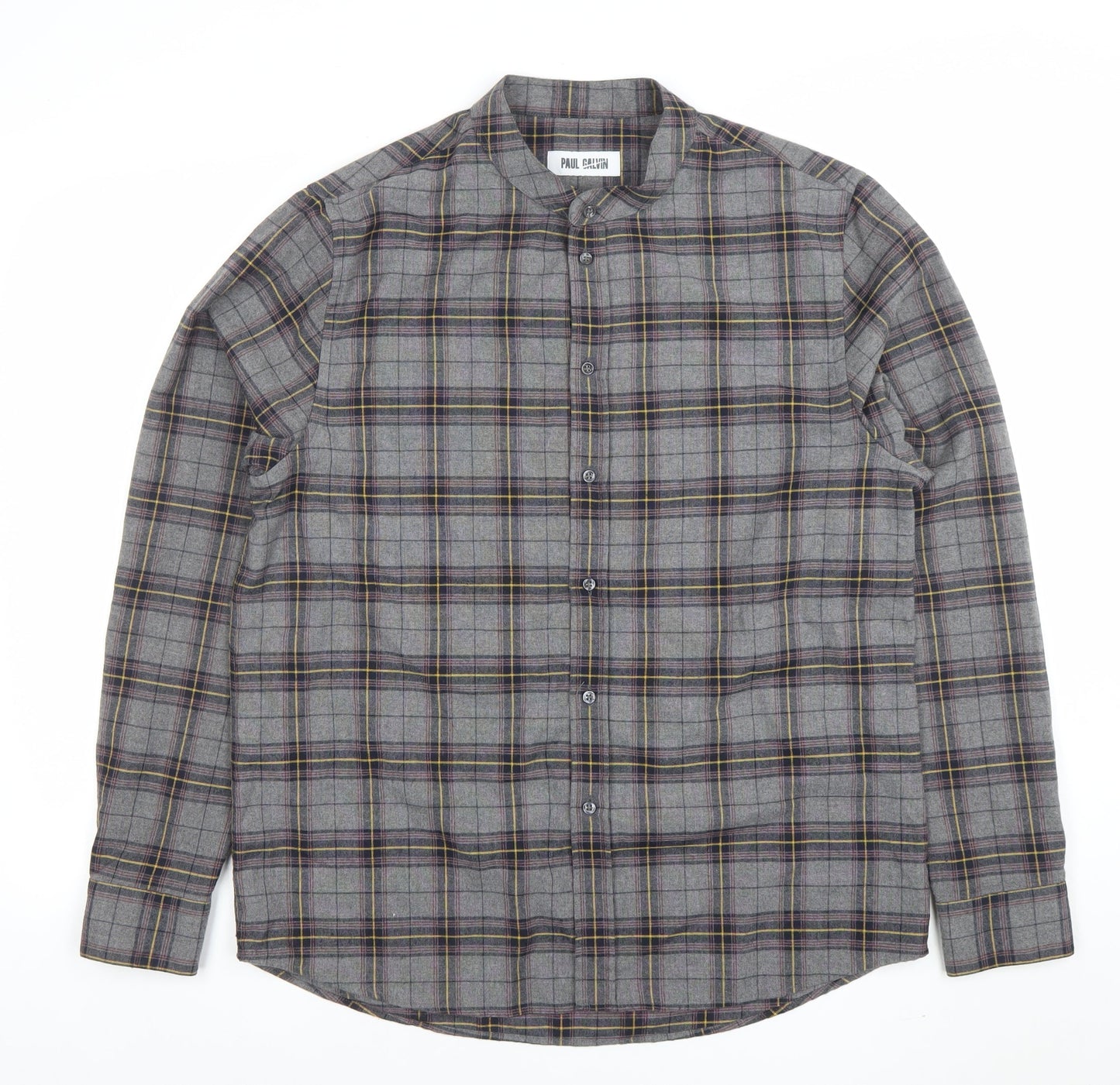 Paul Calvin Men's Grey Checked Long Sleeve Band Collar Shirt Size L