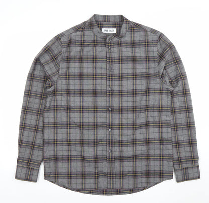 Paul Calvin Men's Grey Checked Long Sleeve Band Collar Shirt Size L