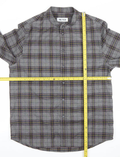 Paul Calvin Men's Grey Checked Long Sleeve Band Collar Shirt Size L