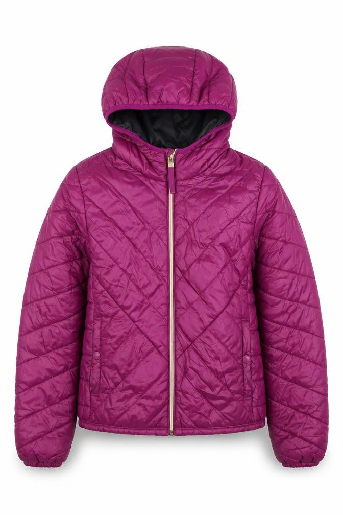 Front view of Bershka girls’ purple hooded quilted puffer jacket -, size 8, years