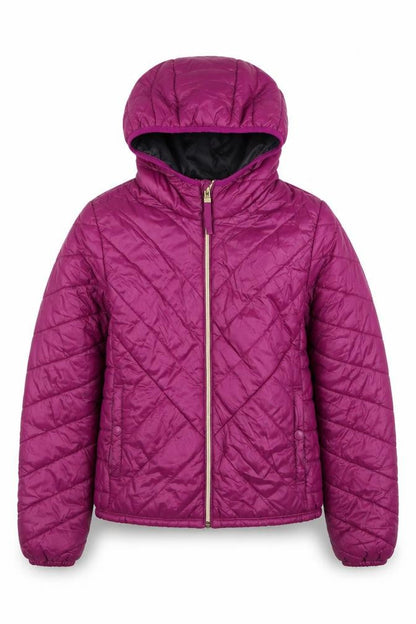 Front view of Bershka girls’ purple hooded quilted puffer jacket -, size 8, years