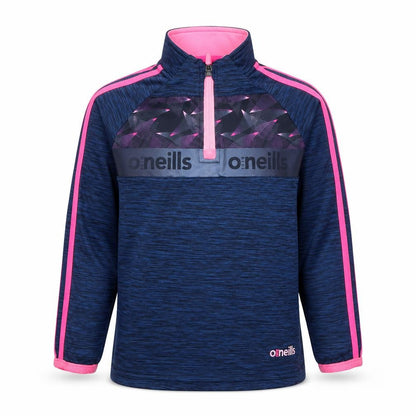 Front view of O’Neills girls’ blue pink 1/4 zip long sleeve sports top age 3-4 years