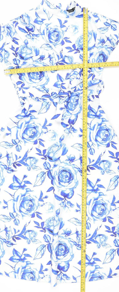 Boohoo Women's Blue Floral Strapless Bodycon Dress Size 10