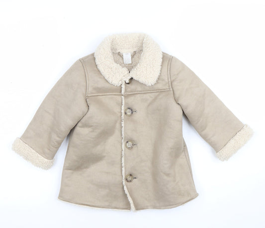 H&M Unisex Baby Beige Fleece Lined Button Coat 24 Months